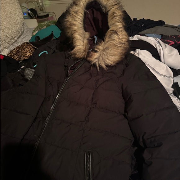 Black long puffer jacket chevron design zip up hood , faux fur collar Laundry SS - Picture 2 of 3